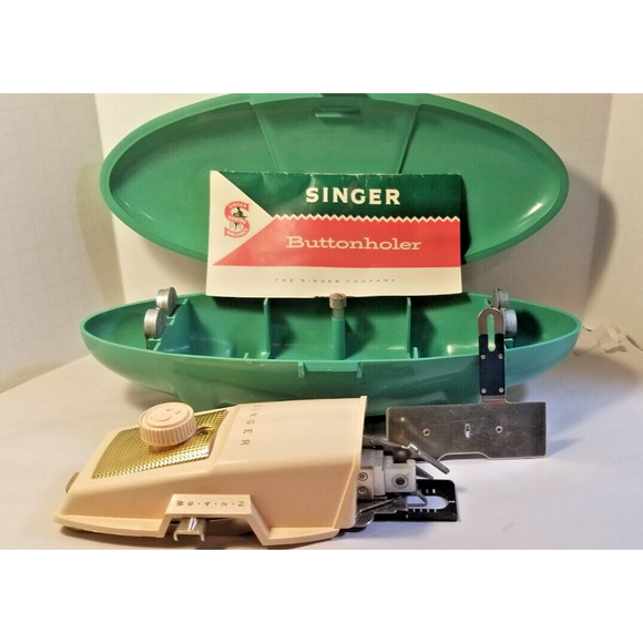 Vintage 60s Singer Buttonholer #2482607 With Attachments Green Retro Case - Picture 5 of 8